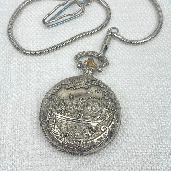 Vintage Silver Tone Pocket Watch - Churchil Hong Kong - Duck Hunt Boat Dog Scene - Picture 1 of 9